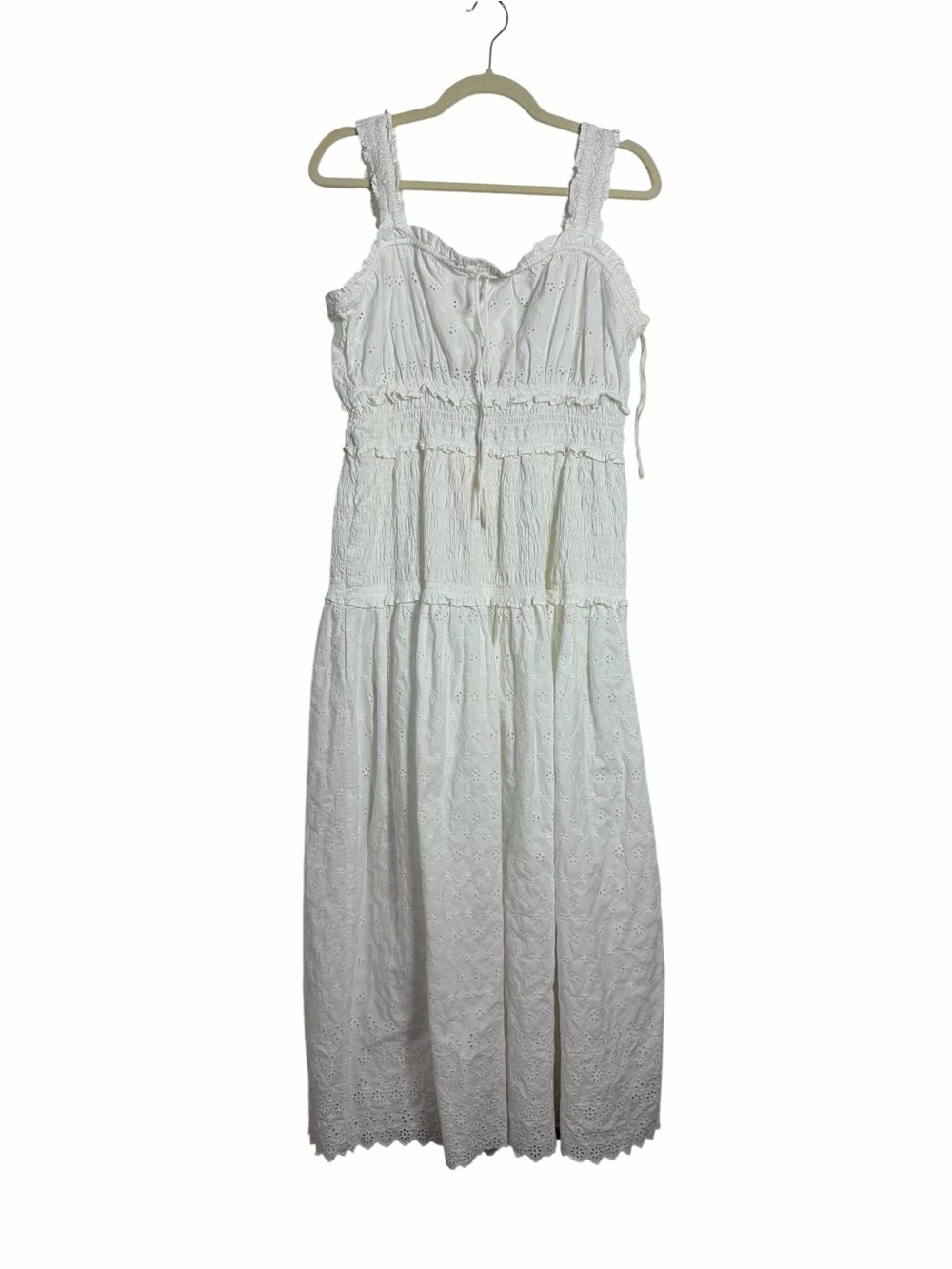 GAP x DÔEN Eyelet Midi Dress White Smocked Cotton Tiered Large NWT - Picture 2 of 10